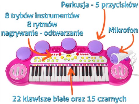 Keyboard Werble MP3 USB 3 Oktawy Różowy