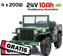 Pojazd Retro Wojskowy JEEP WILLYS 4x4 Zielony 24V SUPER POWER + POWIĘKSZONY AKUMULATOR