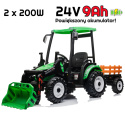 Wielki traktor na akumulator TITAN 24V 2x200W z przyczepką łyżką + kabina zielony