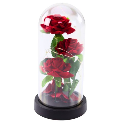 Wieczne 3 Róże w Kopule z Oświetleniem LED i Płatkami Róż Czerwone 21x11cm