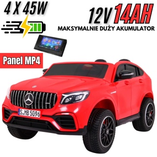 Dwuosobowe auto na akumulator Mercedes GLC 63S Czerwony 4x4 + Panel Mp4 + POWIĘKSZONY AKUMULATOR 12V14Ah