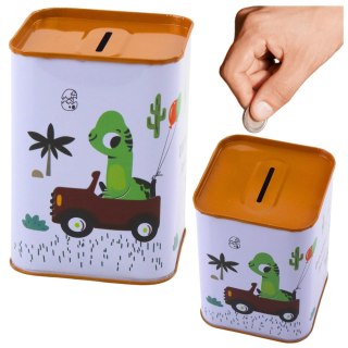 Skarbonka Dinozaur W Samochodzie Nauka Oszczędzania Metalowa Biała 11x8cm