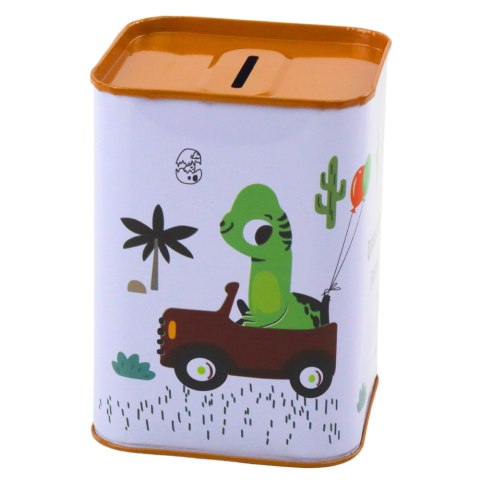 Skarbonka Dinozaur W Samochodzie Nauka Oszczędzania Metalowa Biała 11x8cm