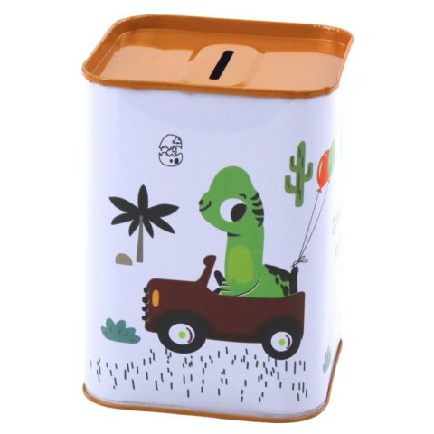 Skarbonka Dinozaur W Samochodzie Nauka Oszczędzania Metalowa Biała 11x8cm