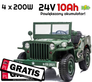 POZWROTOWY Pojazd Retro Wojskowy JEEP WILLYS 4x4 Zielony 24V SUPER POWER + POWIĘKSZONY AKUMULATOR