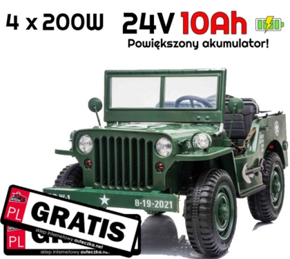 POZWROTOWY Pojazd Retro Wojskowy JEEP WILLYS 4x4 Zielony 24V SUPER POWER + POWIĘKSZONY AKUMULATOR