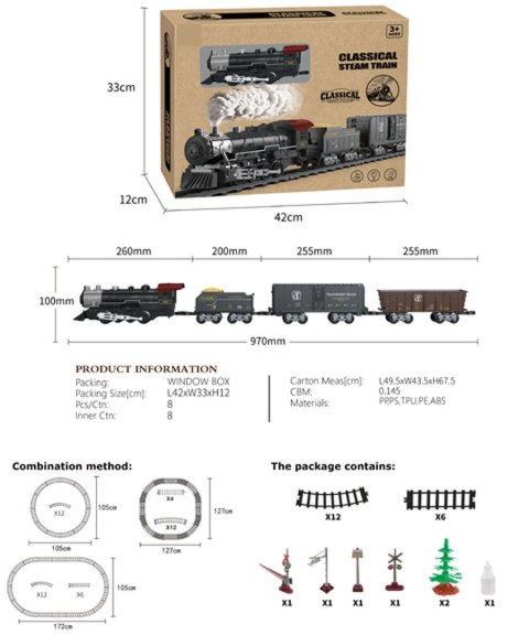 Kolejka Retro z Funkcją Świateł, Dźwięku i Dymu 172cm