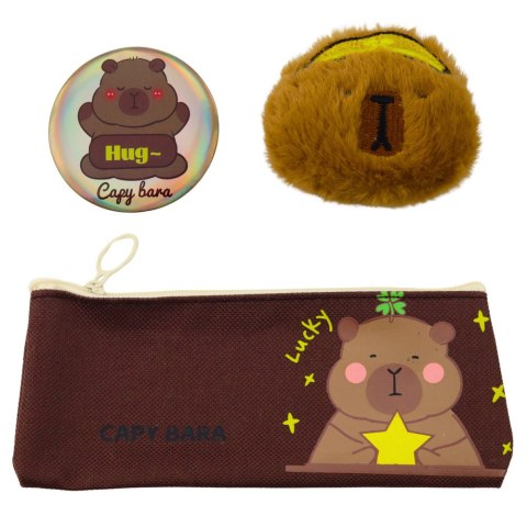Piórnik Szkolny Kapibara Pluszowa Dodatkowa Saszetka Przypinka Brązowy 23cm