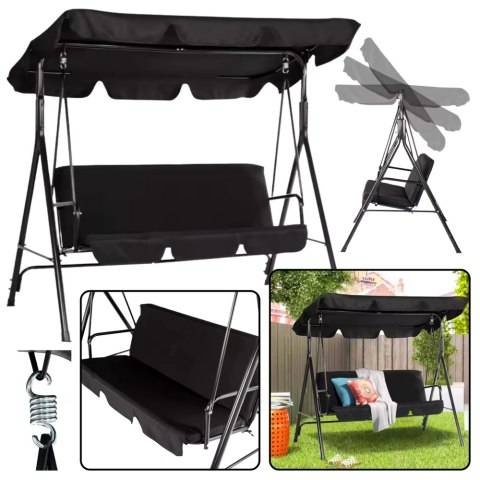 Huśtawka Trzyosobowa Ogrodowa Bujana Poduszki Materac Czarna