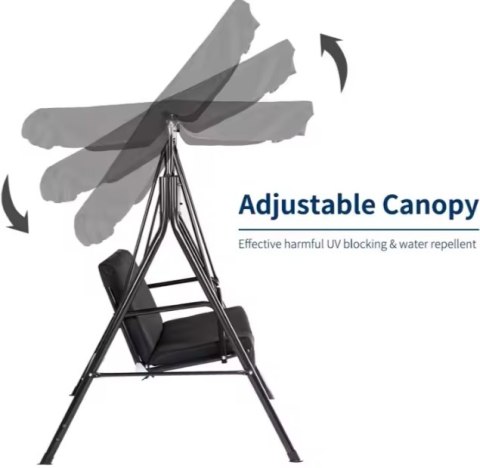 Huśtawka Trzyosobowa Ogrodowa Bujana Poduszki Materac Czarna