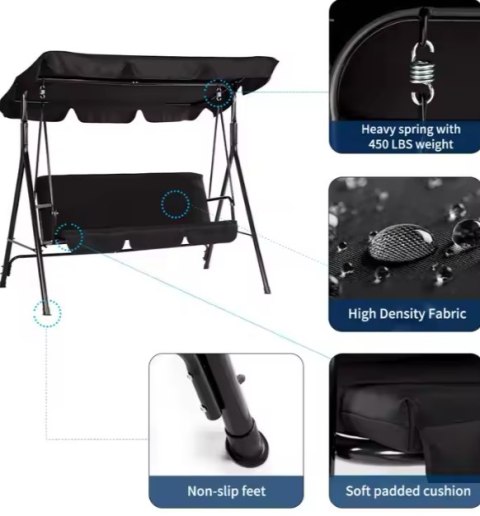 Huśtawka Trzyosobowa Ogrodowa Bujana Poduszki Materac Czarna