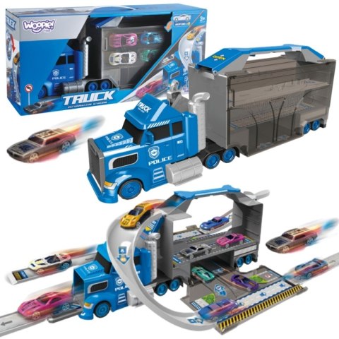 WOOPIE Zestaw Ciężarówka Policyjna Laweta Garaż Tor Wyścigowy
