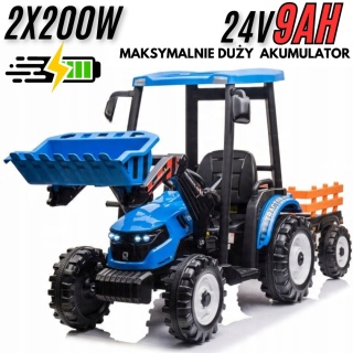 Wielki traktor na akumulator TITAN 24V 2x200W z przyczepką łyżką + kabina niebieski