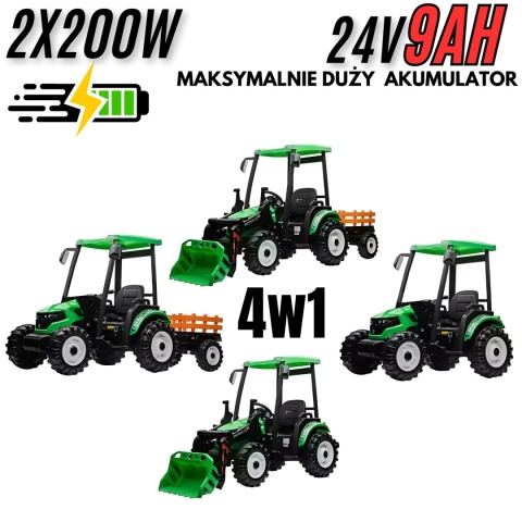 Wielki traktor na akumulator TITAN 24V 2x200W z przyczepką łyżką + kabina zielony