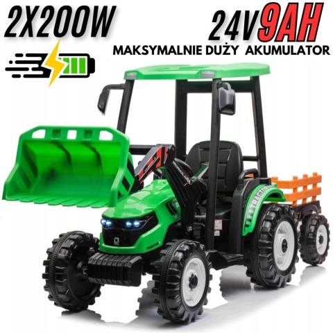 Wielki traktor na akumulator TITAN 24V 2x200W z przyczepką łyżką + kabina zielony