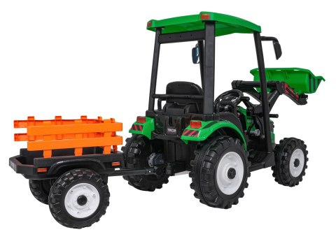 Wielki traktor na akumulator TITAN 24V 2x200W z przyczepką łyżką + kabina zielony
