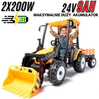 Wielki traktor na akumulator TITAN 24V 2x200W z przyczepką łyżką + kabina żółty