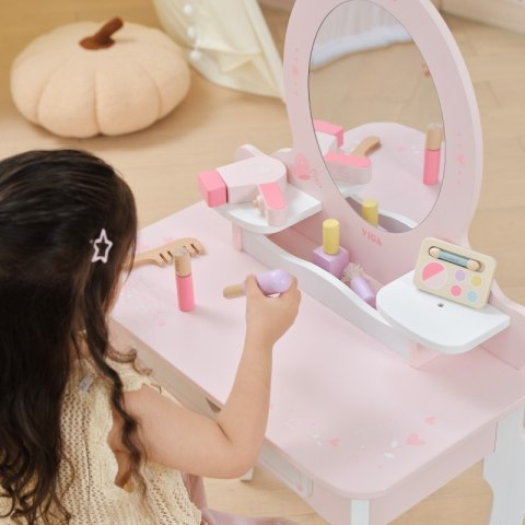 VIGA Duża Toaletka Drewniana Biało-Różowa z Lustrem i Krzesełkiem