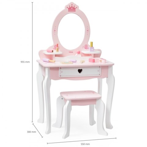 VIGA Duża Toaletka Drewniana Biało-Różowa z Lustrem i Krzesełkiem