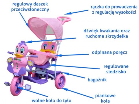 3-kołowy Rowerek dla dzieci Kaczka Fioletowy + Dźwięki + Daszek + Barierka + Podnóżek + Rączka + Schowek