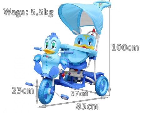 3-kołowy Rowerek dla dzieci Kaczka Niebieski + Dźwięki + Daszek + Barierka + Podnóżek + Rączka + Schowek