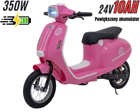 Motorek Skuter na akumulator 24V10Ah o mocy 350W + pompowane koła Retro 23 Różowy