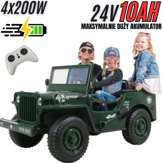 Auto na akumulator JEEP Wojskowy WILLYS 4x200W + POWIĘKSZONY AKUMULATOR 24V10AH Zielony / ARMY GREEN