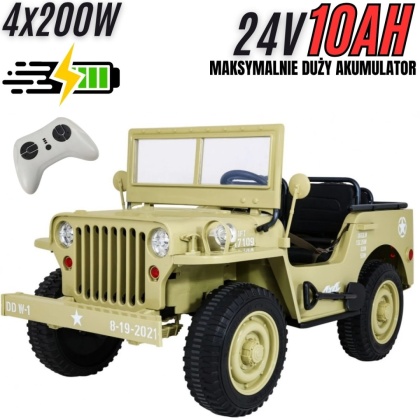 Auto na akumulator JEEP Wojskowy WILLYS 4x200W + POWIĘKSZONY AKUMULATOR 24V10AH Piaskowy / KHAKI