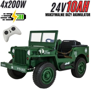 Pojazd Retro Wojskowy JEEP WILLYS 4x4 Zielony 24V SUPER POWER + POWIĘKSZONY AKUMULATOR