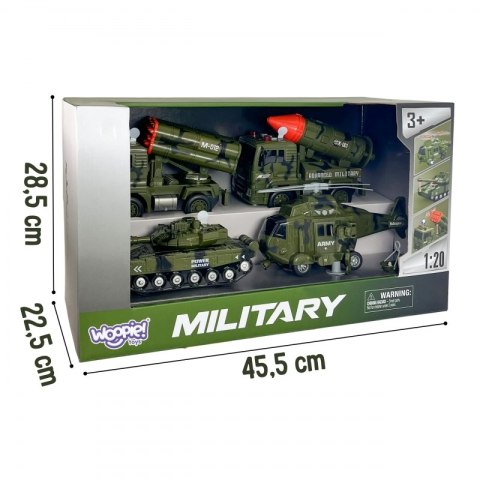 WOOPIE Zestaw Pojazdów Wojskowych z Wyrzutnią Czołg Helikopter 4SZT Skala 1:20
