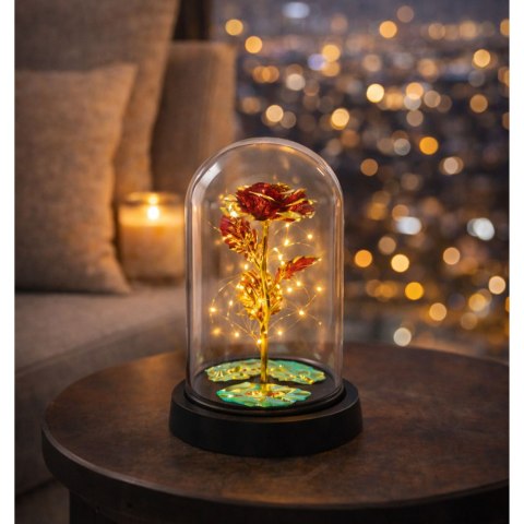 Wieczna Kryształowa Róża w Kopule z Oświetleniem LED Czerwona 21x11cm