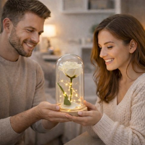 Wieczna Róża W Szkle Kopuła Oświetlenie Led Biała Prezent