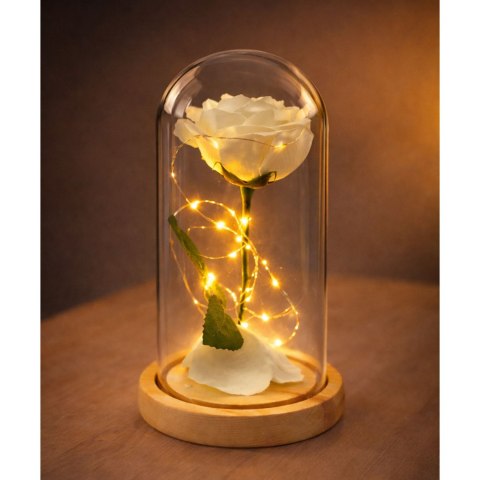 Wieczna Róża W Szkle Kopuła Oświetlenie Led Biała Prezent