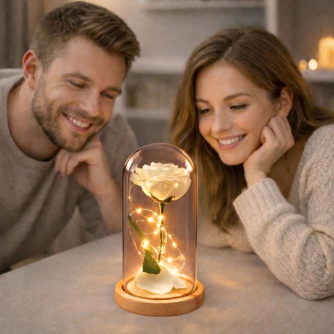 Wieczna Róża W Szkle Kopuła Oświetlenie Led Biała Prezent