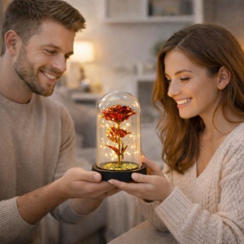 Wieczna Róża W Szle Kryształowa Oświetlenie LED Motylek Czerwona 21x11cm