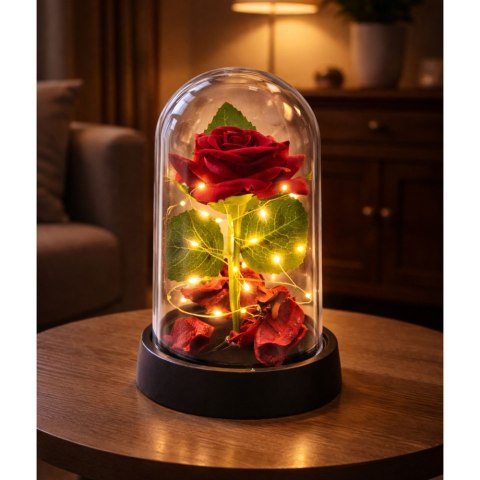 Wieczna Róża w Kopule z Oświetleniem LED Czerwona z Płatkami Róż 14x8cm
