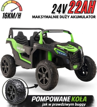 Buggy ATV Strong Racing dla 2 dzieci Zielony + Silnik bezszczotkowy + Pompowane koła + Audio LED ZIELONY 24V 22Ah