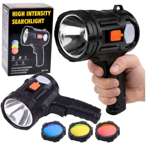 Latarka LED Szperacz Solarna 6 Trybów Powerbank Wymienne Filtry 19 cm