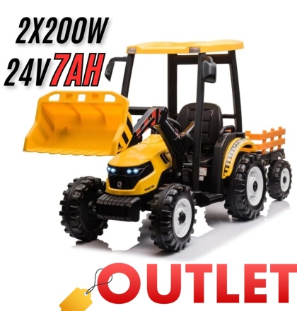 OUTLET Wielki traktor na akumulator TITAN 24V 2x200W z przyczepką łyżką + kabina żółty