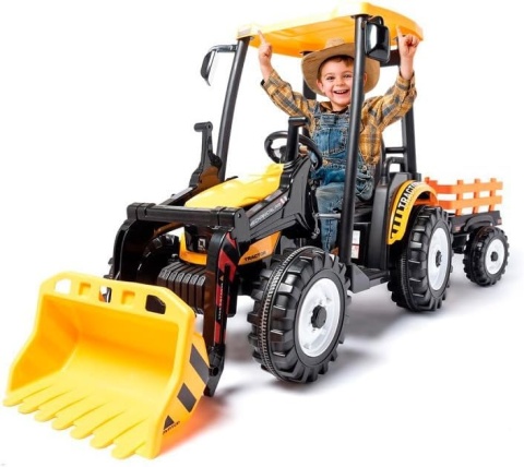 OUTLET Wielki traktor na akumulator TITAN 24V 2x200W z przyczepką łyżką + kabina żółty