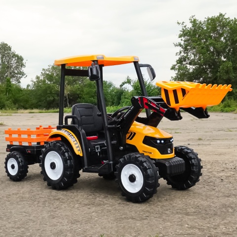 OUTLET Wielki traktor na akumulator TITAN 24V 2x200W z przyczepką łyżką + kabina żółty