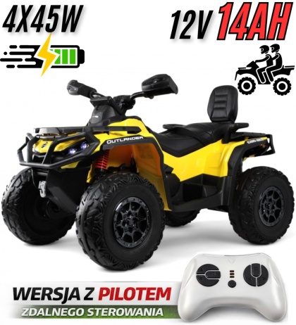 Quad Can Am Outlander 4x4 na akumulator 12V 14Ah + PILOT Żółty