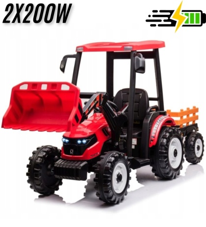 Wielki traktor na akumulator TITAN 24V 2x200W z przyczepką łyżką + kabina czerwony