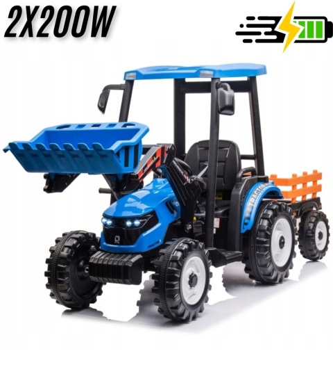 Wielki traktor na akumulator TITAN 24V 2x200W z przyczepką łyżką + kabina niebieski