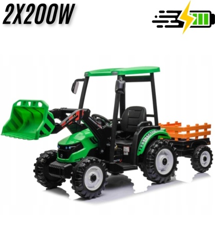 Wielki traktor na akumulator TITAN 24V 2x200W z przyczepką łyżką + kabina zielony