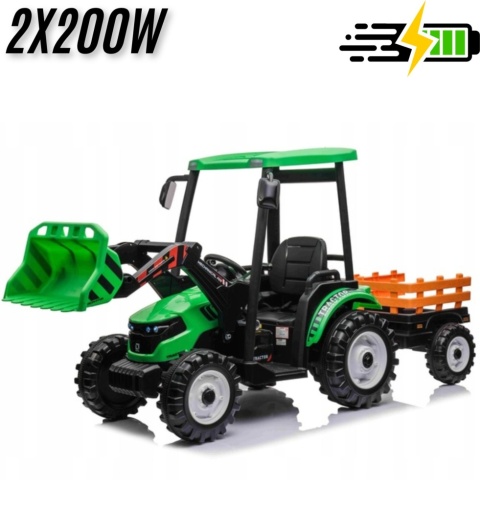 Wielki traktor na akumulator TITAN 24V 2x200W z przyczepką łyżką + kabina zielony