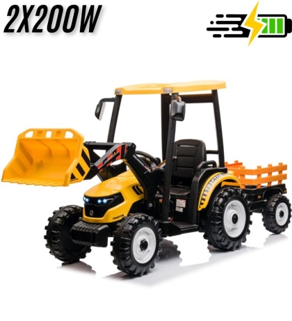 Wielki traktor na akumulator TITAN 24V 2x200W z przyczepką łyżką + kabina żółty