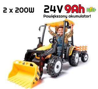 OUTLET Wielki traktor na akumulator TITAN 24V 2x200W z przyczepką łyżką + kabina żółty