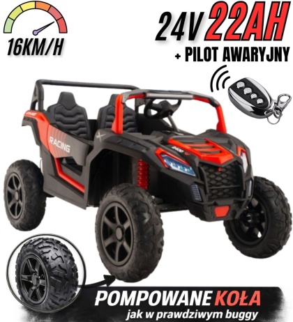 Buggy ATV Strong Racing dla 2 dzieci Czerwony + Silnik bezszczotkowy + Pompowane koła + Audio LED Czerwony + PILOT AWARYJNY