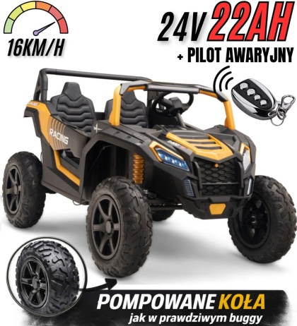 Buggy ATV Strong Racing dla 2 dzieci Złoty + Silnik bezszczotkowy + Pompowane koła + Audio LED + pilot awaryjny 22Ah